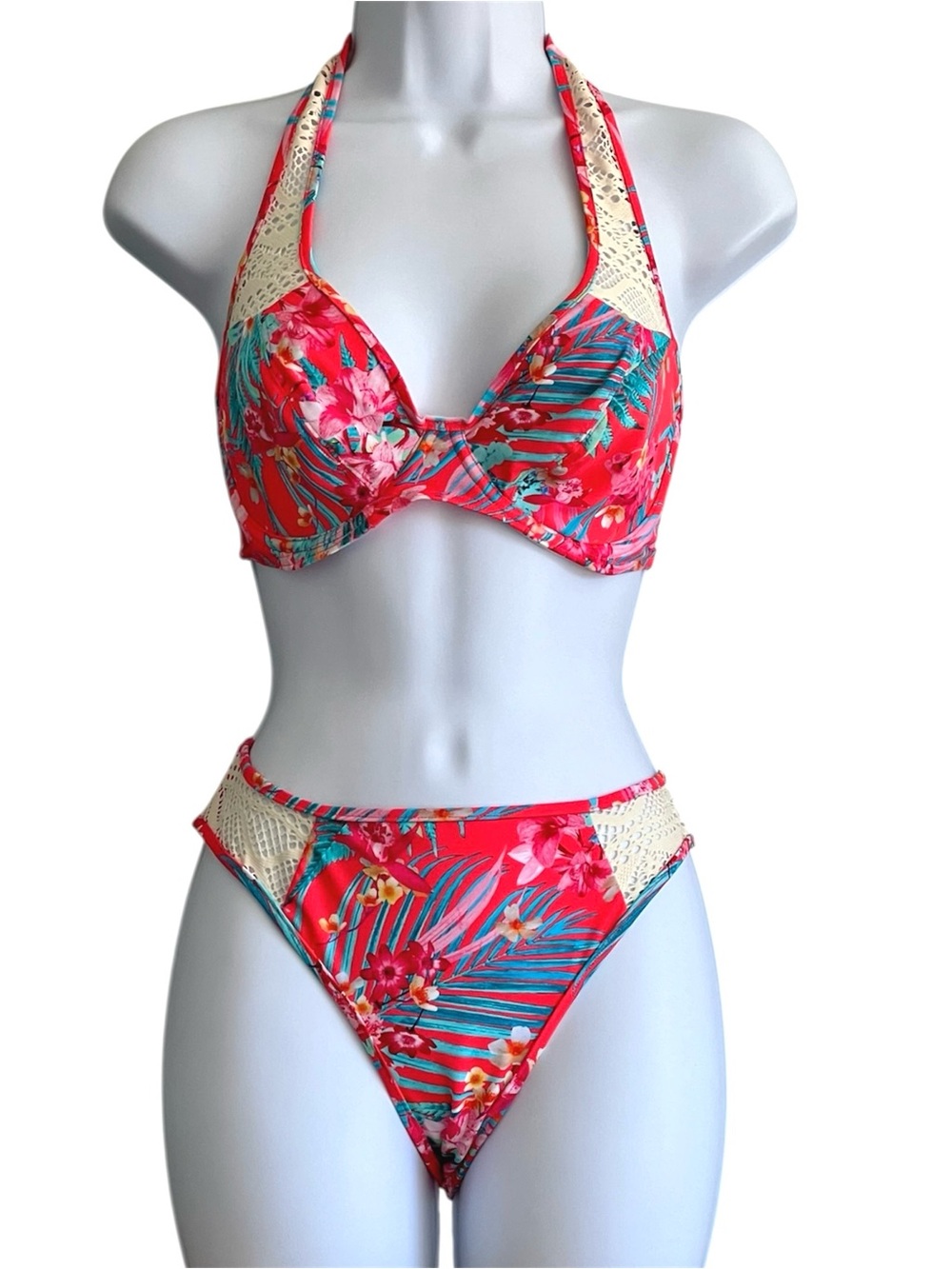 Freya Bra Sized Bikini Set Coral Tropical Underwire Swimwear US 30G Top S Bottom